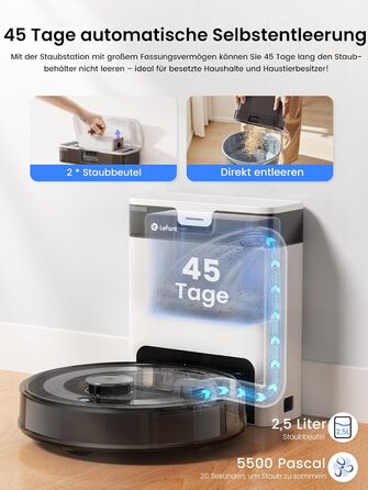 Робот-пилосос LEFANT M2 Pro з вологою тканиною, 5000Pa, лазерна навігація, LiDAR dToF, 150 хв, розпізнавання килимів, керування через додаток/голос, для видалення шерсті тварин, чорний