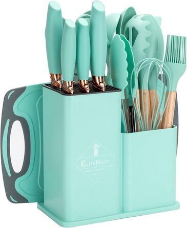 Набір кухонних ножів EliteHoff 19 предметів: 5 ножів, 12 кухонних аксесуарів, дошка для нарізання та підставка. Зручні дерев'яні ручки, силіконові аксесуари, безпечні для харчових продуктів, придатні для миття в посудомийній машині, чорний (E-6073)