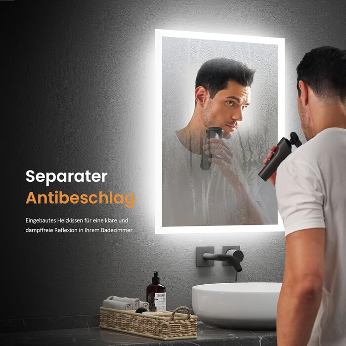 Дзеркало для ванної кімнати EMKE з підсвічуванням 120x60 см, антизапар, кнопка, тепле/холодне світло, IP44, енергозберігаюче