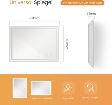 Дзеркало для ванної кімнати EMKE з підсвіткою 50x60 см, антизапар, холодне біле світло, диммування, сенсорне управління, функція пам'яті, автоматичне вимкнення на 3 години, IP44, енергозберігаюче (70x50 см)