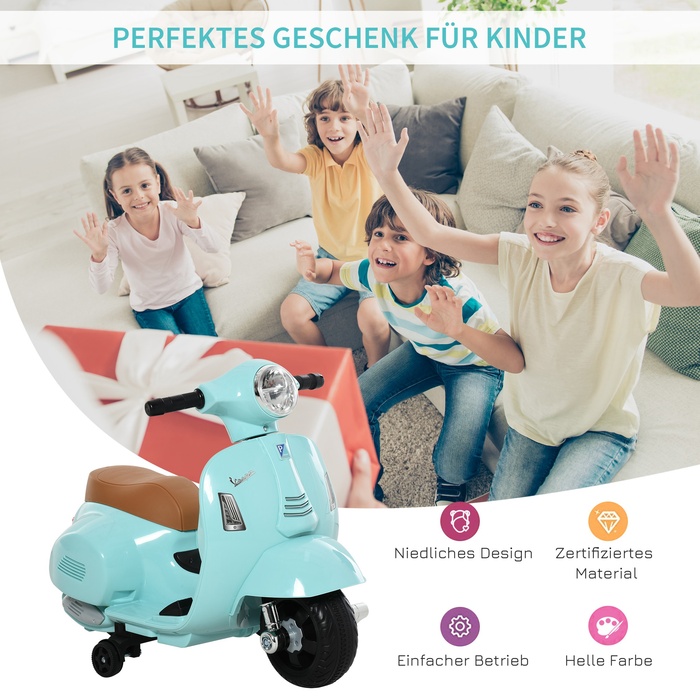 Дитячий самокат HOMCOM VESPA, дитячий мотоцикл, 1,5-3 роки, металевий, бірюзовий