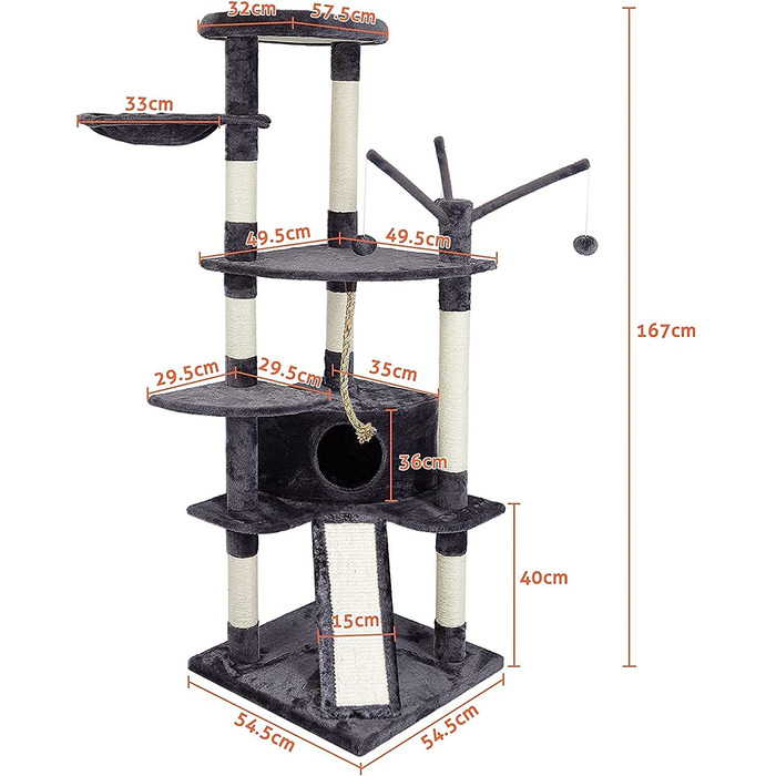 Котяче дерево з морської фіалки велике, міцне котяче дерево котяче дерево, колони, загорнуті натуральним сизалем, котяче дерево XXL з розширеною і потовщеною нижньою пластиною Багаторівнева платформа, 167 см (сірий)