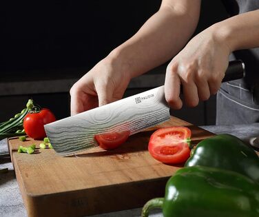 Набір кухонних ножів Paudin 14 предметів з нержавіючої сталі 1.4116 з дерев'яним блоком, точилка та ножиці, антикорозійний, надзвичайно гострий, для дому та професійного використання, FDA, ідеальний подарунок (ніж Нарікі 17 см)