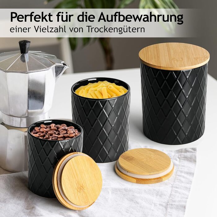 Набір з 3 вазочок для зберігання Miamio Palmanova, кераміка з дерев'яним кришкою, білий та чорний