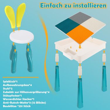 Дитячий стіл з 2 стільцями, ігровий стіл для дітей з 251 кубиком, багатофункціональний стіл для активностей від 2 років з місцем для зберігання, творчий стіл для конструювання з набором кубиків