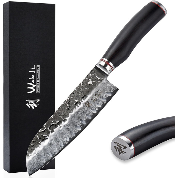 Японський ніж Santoku Wakoli EBO з дамаської сталі (серцевина VG10), 17,5 см - гострий ніж для кухні та приготування їжі, преміум-якість, з дерев'яною ручкою з дуба, у подарунковій коробці