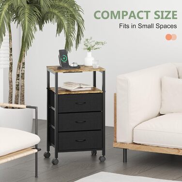 Нічний столик з бездротовою зарядкою, 2 розетки AC та 2 USB-порти, 3 шухляди, коліщатка, вінтажний дизайн, чорно-коричневий (для вітальні, спальні)