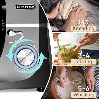 Кухонна машина Cheflee 2000W: потужна планетарна міксер для тіста та збивання, 6 швидкостей, 7.2 л чаша з нержавіючої сталі, гак та вінчик, захист від бризок, чорний