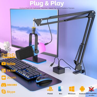 USB-мікрофон Zealsound для ПК та стримінгу – мікрофон-конденсатор з шумозаглушенням, студійний мікрофон для запису, подкастів, ASMR, сумісний з Mac, PS5/4, Android