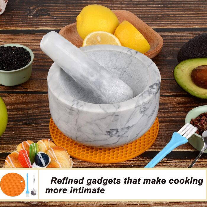 Набір ступки та пестика для гуакамоле, полірований натуральний мармур, великий, білий, сірий