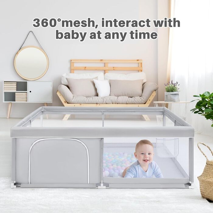 Дитячий манеж BEJOY XXL 180х200 см: безпечний, компактний, з м'яким захистом та сіткою, для дому та на вулицю (сірий)
