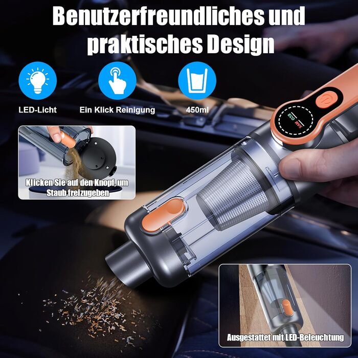 Акумуляторний ручний пилосмок Handstaubsauger 26000 Па, бездротовий автомобільний пилосмок 4-в-1 з безщітковим двигуном, HD-дисплеєм та LED-підсвіткою, помаранчевий