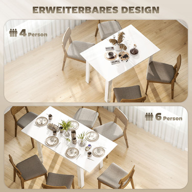 Розсувний обідній стіл, 120-160 x 70 см, регульований кухонний стіл на 4-6 осіб, МДФ, глянсовий білий