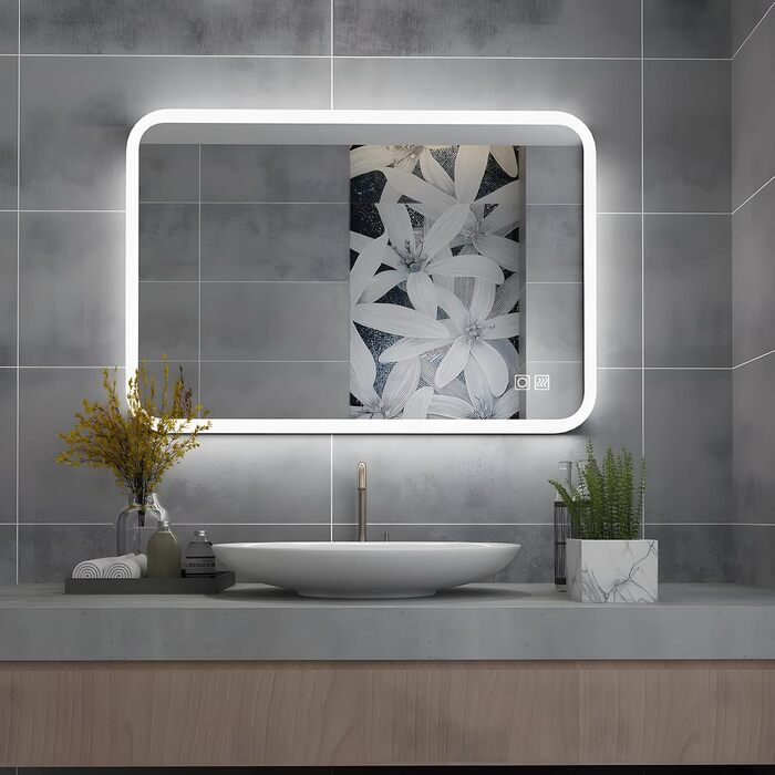 Дзеркало для ванної кімнати MIQU LED 60x50 см з підсвічуванням, тепле/холодне світло, регулювання яскравості, антизапар, прямокутна форма