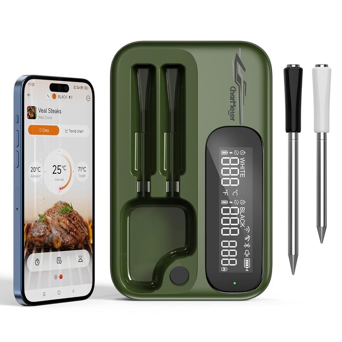 Бездротовий термометр для м'яса з 2 зондами, Bluetooth 5.4, Wi-Fi, LED-дисплей, для приготування BBQ та кулінарії