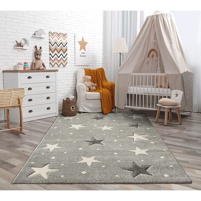 Дитячий м'який зірчастий килим the carpet Monde, дитячий килим із зображенням зоряного неба, з ефектом хай-фай, легкий у догляді, стійкий до фарбування, Зоряний, Рожевий, (120 х 170 см, сірі зірки)