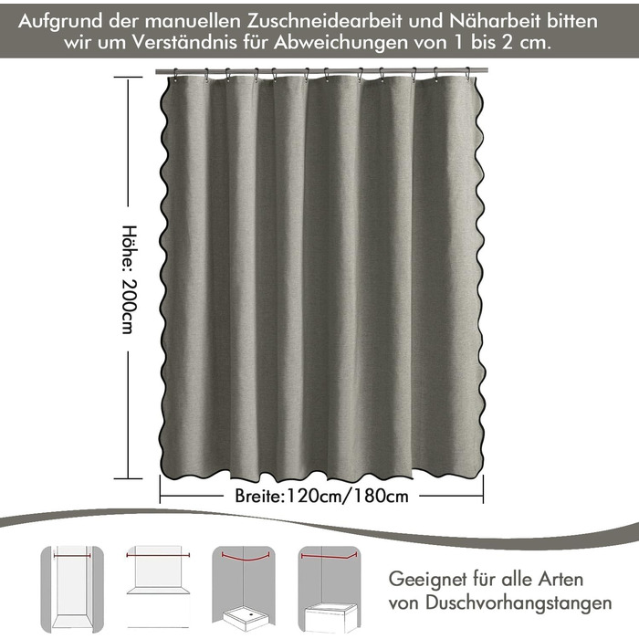 Шторка для душу MIULEE 120x200 см, льонова текстура, з чорною окантовкою, готельний стиль, водонепроникна, антигрибкова, тканинна, з 8-ма кільцями, сіра
