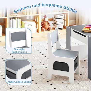 Детский стол со стульями COSTWAY 3 в 1: деревянный стол для рисования с ящиком и 2 стульями, для детей от 3 лет (Серый, Комбинированный)