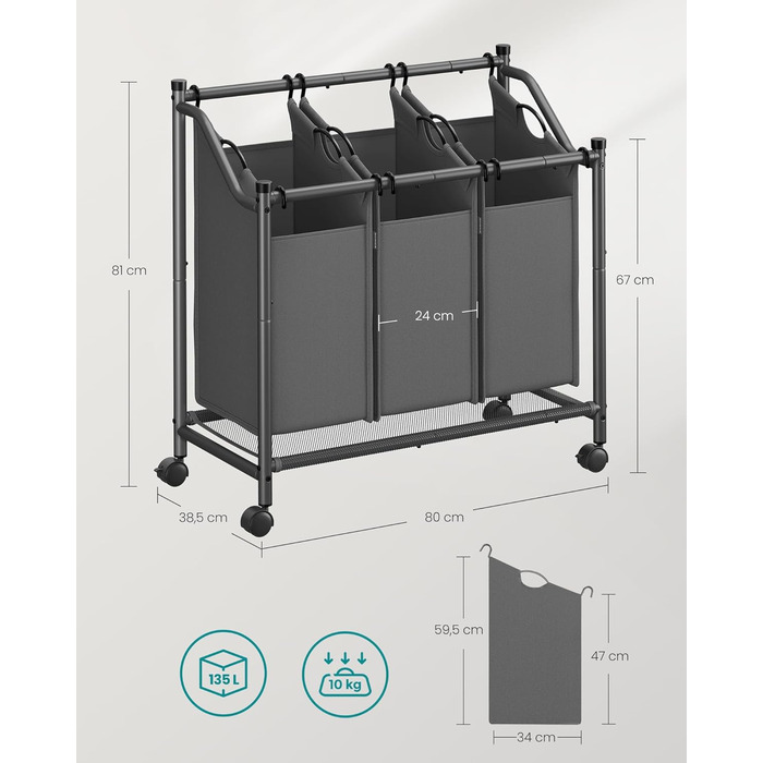 Кошик для білизни з колесами, 4 знімні мішки, 135 л, шиферно-сірий, для пральні, спальні, ванної кімнати