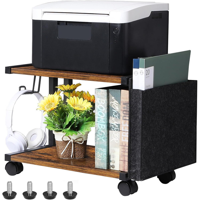 Стіл для принтера Shinoske з 2 рівнями, мобільний, з дерева та металу, 45x29x33 см