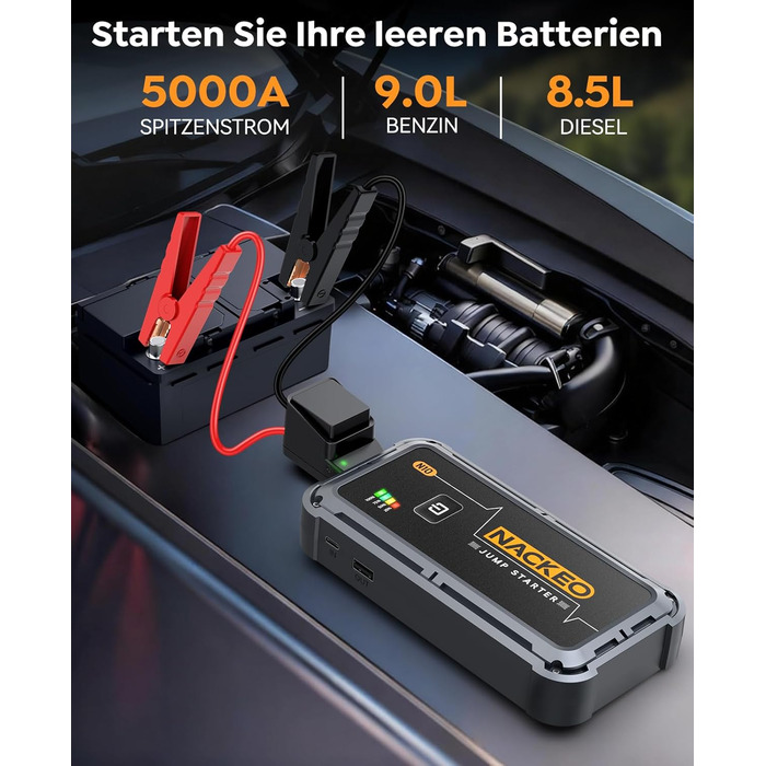 Powerbank для авто 12V Starthilfe 5000A: Зарядний пристрій для автомобіля, SUV, мотоцикла, газонокосарки з LED-ліхтарем