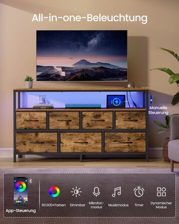 SONGMICS BELLAH: Комод, шафа, LED-підсвічування, тумба з зарядкою, індустріальний стиль, вінтажний коричневий + чорний, 7 ящиків, LGS723KD01