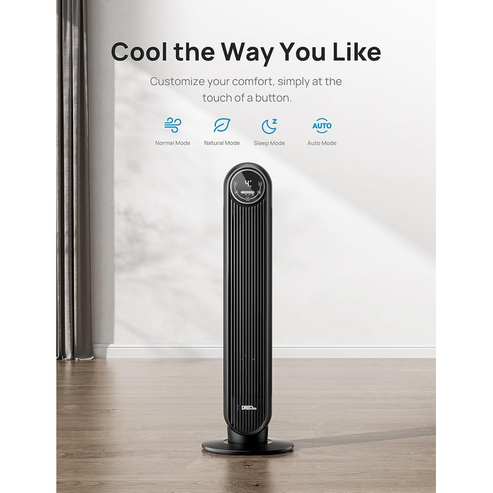 Dreo Smart Tower Fan - Безшумний вентилятор з керуванням через додаток та голосовим управлінням, 90° обертання, 4 режими, 4 швидкості, таймер 8 годин, Nomad One S, чорний