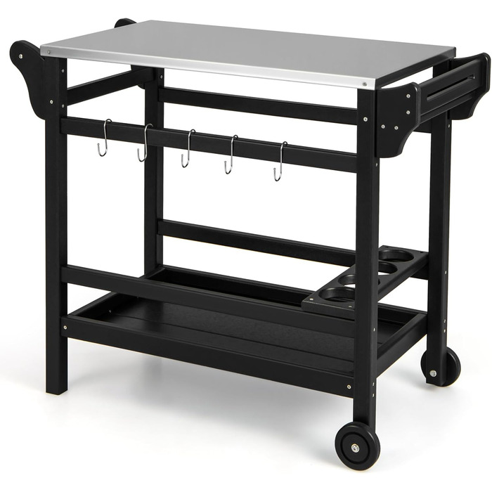 Гриль-візок Komfotteu з нержавіючою сталею, столиця для гриля, візок для сервірування з полицями для спецій, вина та гачками, для зони відпочинку