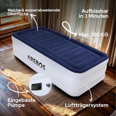 Надувний матрац Arebos | Самостійно надувний матрац 203 × 95 × 51 см для 1 особи | Гостьовий матрац з електричним насосом | Надувний матрац з сумкою для транспортування для кемпінгу/до дому | (Синій/Білий)