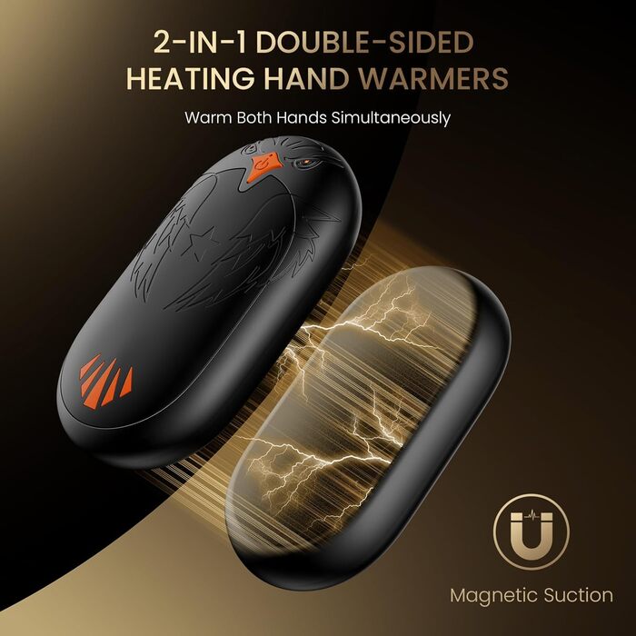 Електричні грілки для рук 2 шт. з підзарядкою USB, портативні кишенькові грілки 2-в-1 з 3 режимами нагріву, до 24 годин тепла, багаторазові, для активного відпочинку взимку (чорний, магнітні)