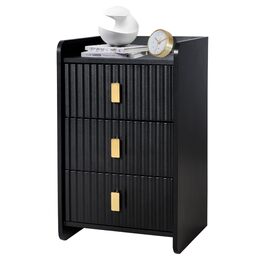 Нічний столик з 3 шухлядами, дерев'яний, з різьбленою передньою частиною, чорний. Нічний столик для спальні, вітальні, легко збирається.