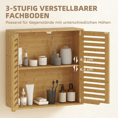 Підвішна шафка для ванної кімнати з бамбука з дихаючими жалюзі-дверцятами, регульована полиця 60 x 20 x 60 см, натуральне дерево