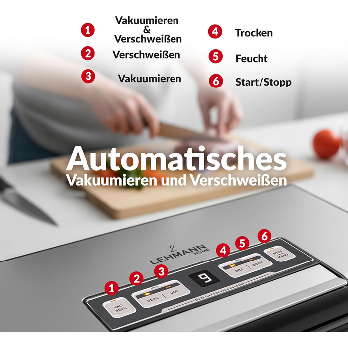 Вакууматор для продуктів LEHMANN — вакуумний пакувальник для сухих та вологих продуктів, пристрій для запаювання пакетів з шлангом для відкачування повітря, ширина шва 30 см