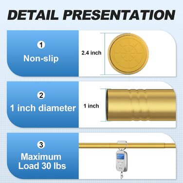 Тeleskopна штанга для душу, 78,9-203,2 см, діаметр 2,5 см, регульована, золотиста пружинна натяжна система, нержавіюча сталь, легка установка, не іржавіє, 31-80 Gold
