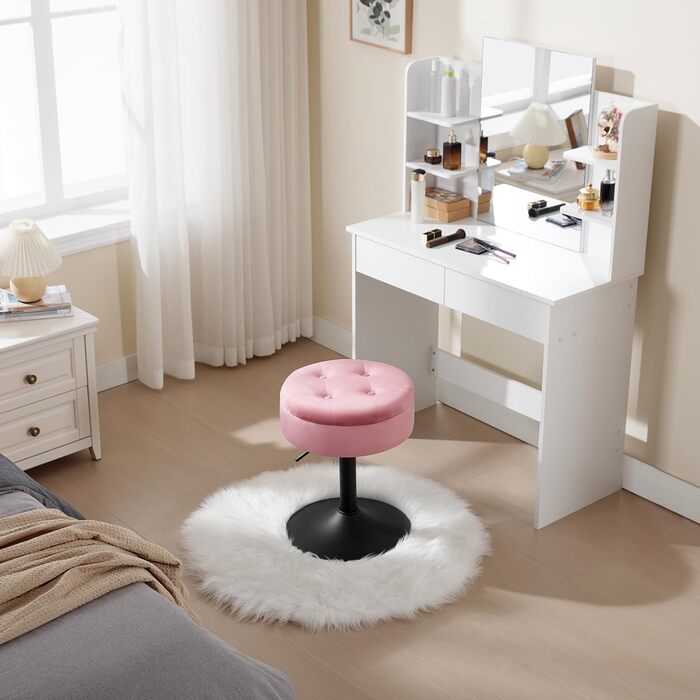 Стілець для туалетного столика WOLTU BH329sz-1, пуф з місцем для зберігання, регульована висота, обертається на 360°, рожевий, велюр