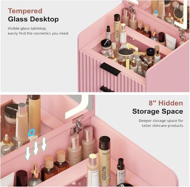 Трюмо Lvifur з LED-дзеркалом та 3 шухлядами, кутовий, для спальні, квартири, гуртожитку, білий (рожевий)