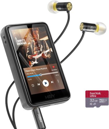 HiBy R1 HiFi MP3-плеєр з Bluetooth 5.1, Hi-Res Audio, DSD256, сенсорний екран 7,6 см, 32 ГБ, навушники Yves, підтримка Tidal/Qobuz, налаштування MSEB