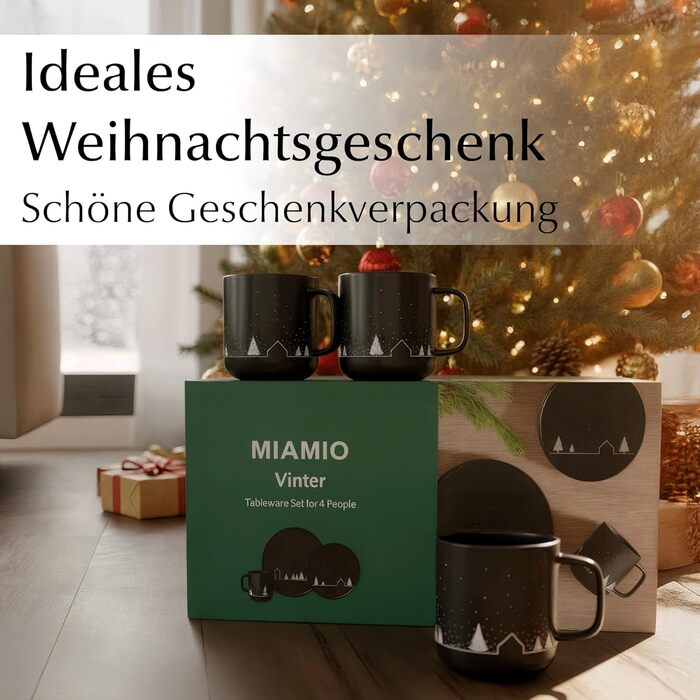 Набір чашок Miamio на Новий рік, 4 шт, 500 мл, чорні / Кавові чашки для святкування, мінімалістичний зимовий дизайн, подарунок на Новий рік, придатні для миття в посудомийній машині та використання в мікрохвильовій печі – Зимова колекція