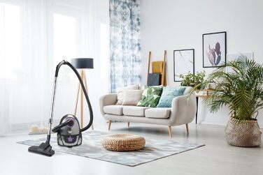 Пилсос Bestron з мішком, для прибирання підлоги, з 3 мішками, телескопічна труба 94 см, перемикач насадки для підлоги, радіус дії 7.5 м, HEPA 12 та мікрофільтр, миючий, чорний/фіолетовий