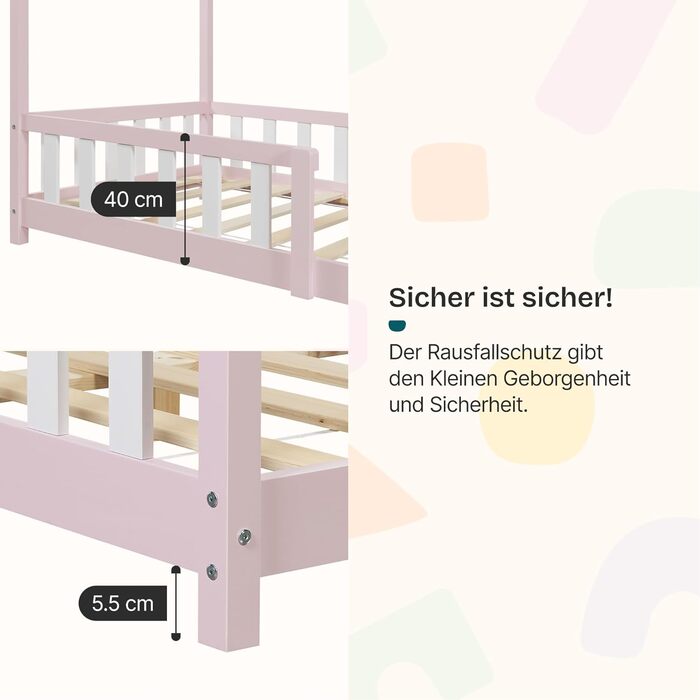 Дитяче ліжко en.casa Hesel для дітей, рожеве, 90x200 см, з бортиками та ламелями, Montessori, дерев'яне, Hausbett