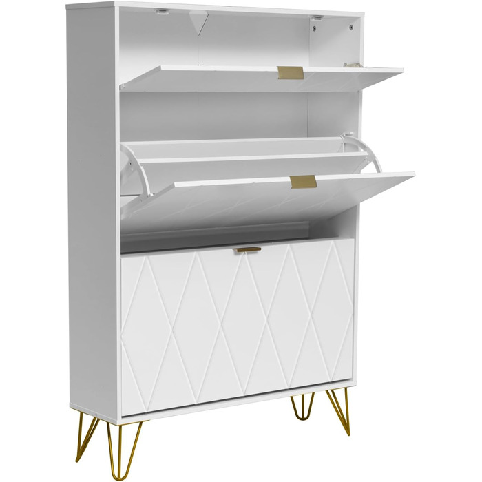 Взуттєва шафа UEV з 2 відкидними дверцятами, 80 x 24 x 120 см, на 16 пар взуття, з 1 висувною шухлядою, біла, вузька, для передпокою, економія місця