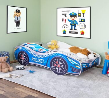 Ліжко-машина Alcube 80x160 см Поліцейська машина з рейковим каркасом і матрацом МДФ з покриттям - Дитяче ліжко з плівкою мотивів 160х80 см для маленьких поліцейських - синій