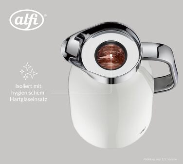 Термос Alfi SKYLINE 1,5л, кокосовий білий матовий, з нержавіючої сталі, з гігієнічним скляним вкладишем, з поворотним кришкою та зручною кнопкою, ергономічна ручка, для однієї руки, ідеальний як кавоварка 1500 мл Coconut White Mat