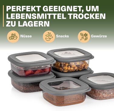 Набір контейнерів для зберігання продуктів 18 шт. – з контейнером для спагеті 2,0 л та 6 дозаторами для спецій з кришками, стекові, герметичні, без BPA, 52 етикетки (12 шт.) + 6 дозаторів для спецій (12 шт., 250 мл, сірий)