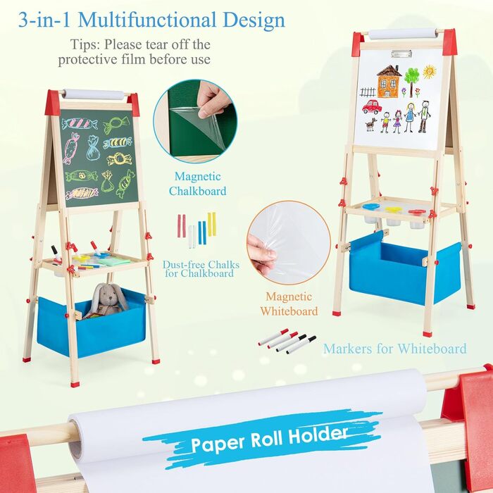 Дитяча мольберт HOMASIS двосторонній, регульована висота, крейда та папір, для дітей 3-8 років, з сумкою для зберігання, 44 x 40 x 102-126 см