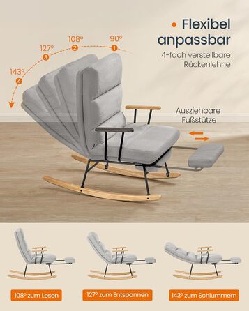 Крісло-гойдалка SONGMICS HOME з дерева каучука, з флісовою оббивкою, регульована спинка, до 160 кг, сірий (LYY016LJ01)