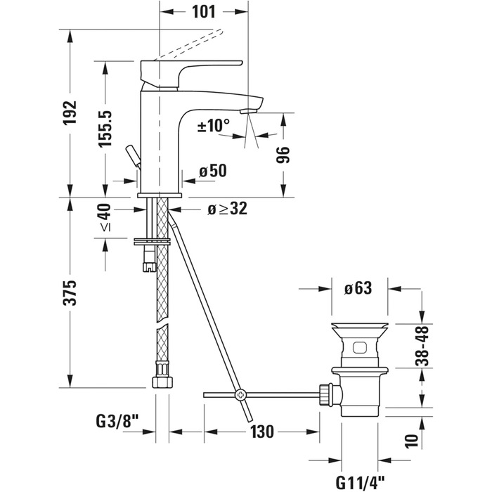 Змішувач для ванної кімнати Duravit B.1 з висувною вилкою, хром (з комплектом для зливу)
