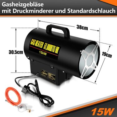 Газовий нагрівач з вентилятором, 15 кВт, з газовим шлангом 1,2 м та редуктором тиску 700 мбар, нержавіюча сталь, Piezo-запалювання, з ручкою