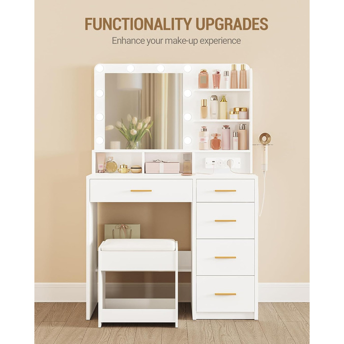 Дзеркальний туалетний столик Hzuaneri з LED-підсвіткою (10 LED), пуфом, великим дзеркалом, тримачем для фену та шухлядами, білий DT39003X