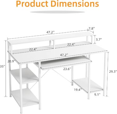Комп'ютерний стіл для дому та офісу з підставкою для клавіатури, геймінговий стіл з підставкою для монітора та CPU-стійкою, сучасний стіл для навчання та роботи, білий, з полицями